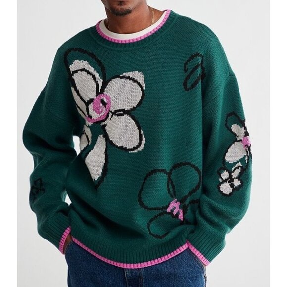 Urban Outfitters Men's Sweater Green Daisy Doodle Sz M Oversized - Picture 1 of 7